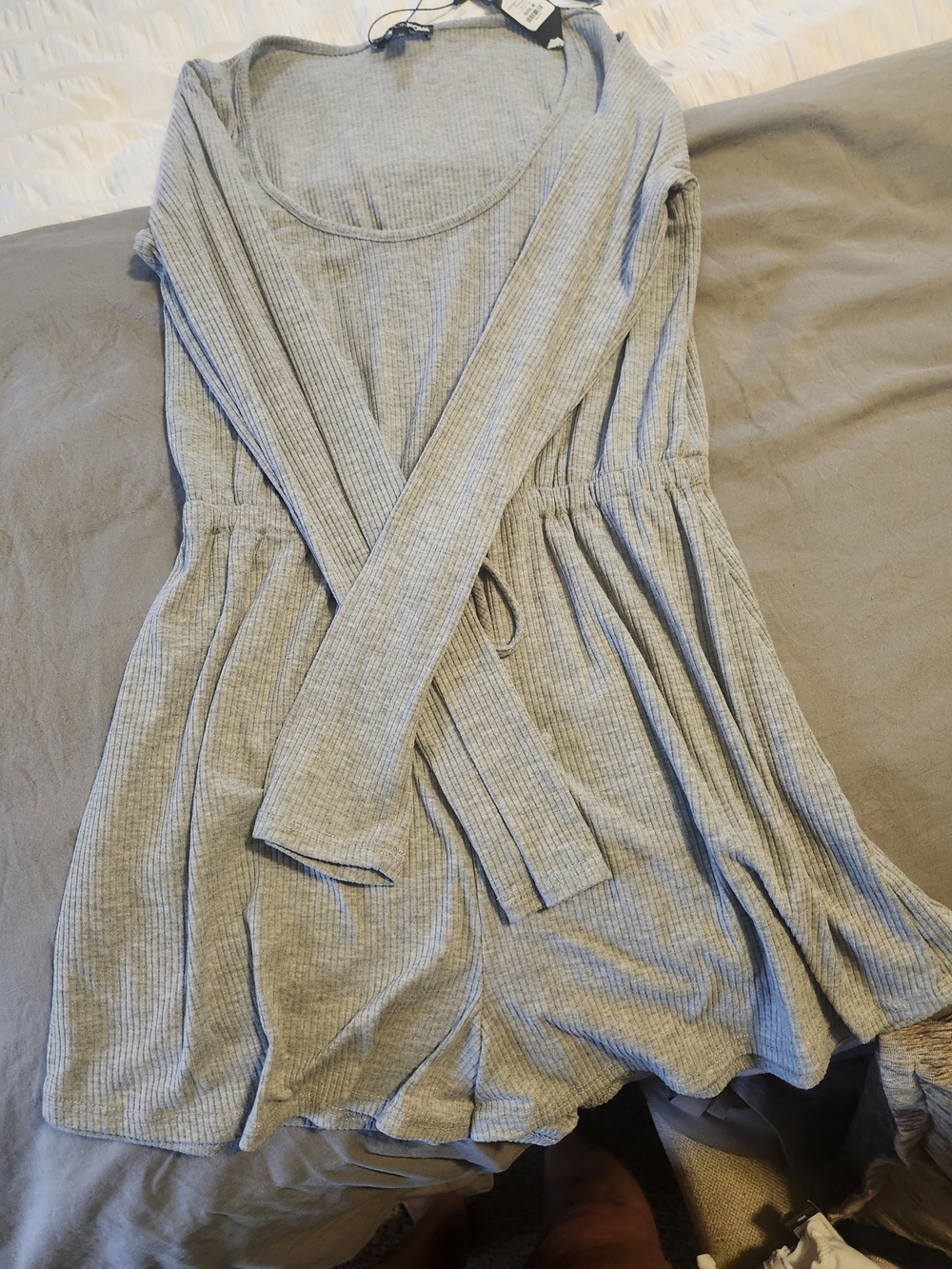 Fashion Nova Gray Ribbed Tie-Waist Jumper/Romper
